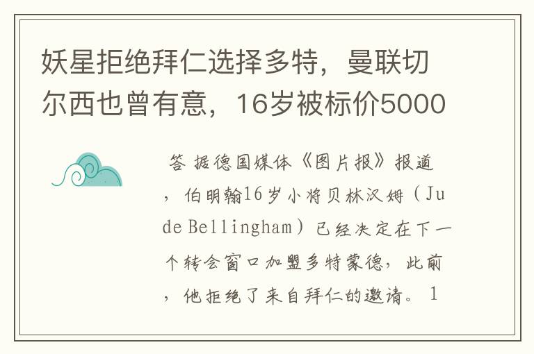 妖星拒绝拜仁选择多特,曼联切尔西也曾有意,16岁被标价5000万镑
