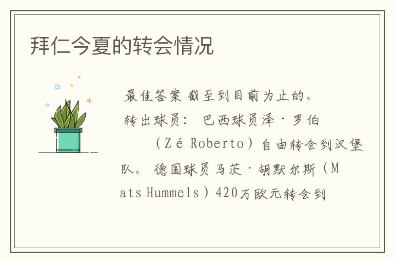 拜仁今夏的转会情况