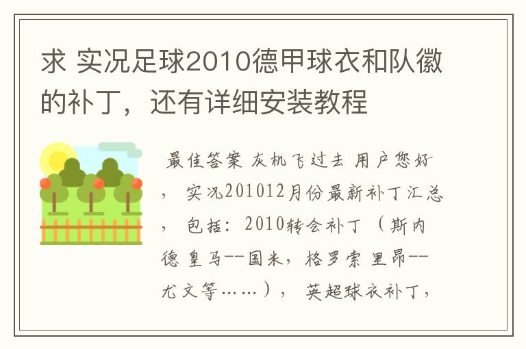 求 实况足球2010德甲球衣和队徽的补丁,还有详细安装教程