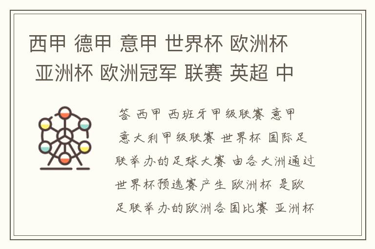 西甲 德甲 意甲 世界杯 欧洲杯 亚洲杯 欧洲冠军 联赛 英超 中超 分别是什么意思啊?