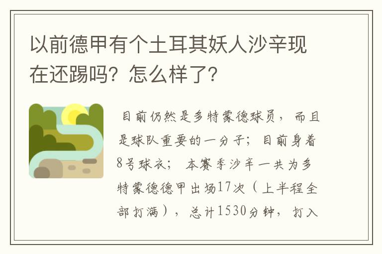 以前德甲有个土耳其妖人沙辛现在还踢吗?怎么样了?