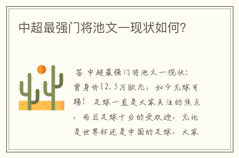 中超最强门将池文一现状如何?