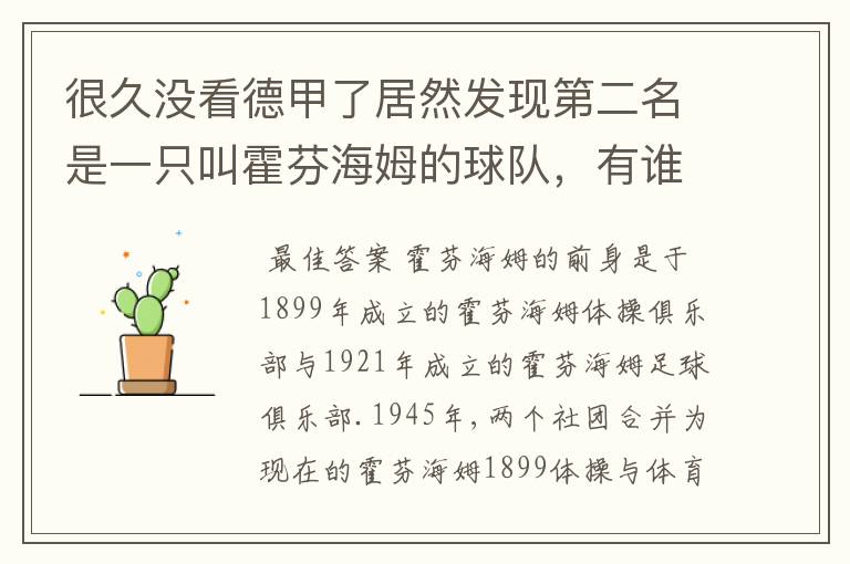 很久没看德甲了居然发现第二名是一只叫霍芬海姆的球队,有谁知道吗