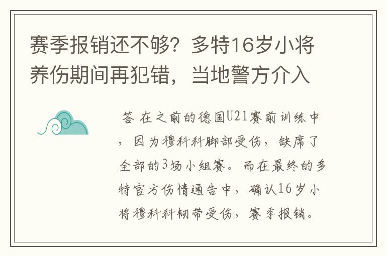 赛季报销还不够?多特16岁小将养伤期间再犯错,当地警方介入