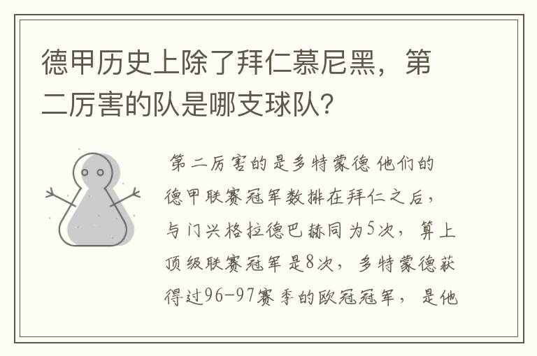 德甲历史上除了拜仁慕尼黑,第二厉害的队是哪支球队?