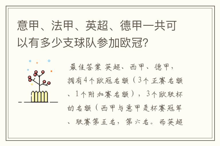 意甲、法甲、英超、德甲一共可以有多少支球队参加欧冠?