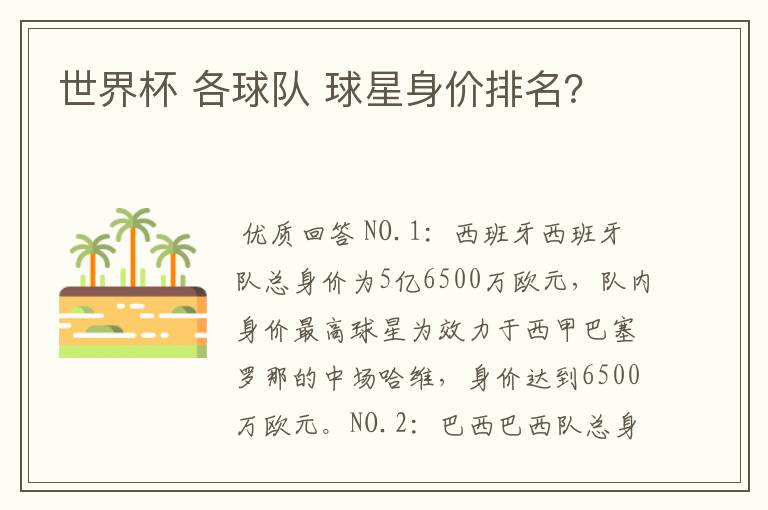 世界杯 各球队 球星身价排名?