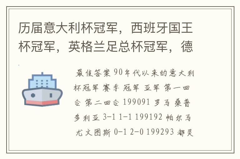 历届意大利杯冠军,西班牙国王杯冠军,英格兰足总杯冠军,德国杯冠军