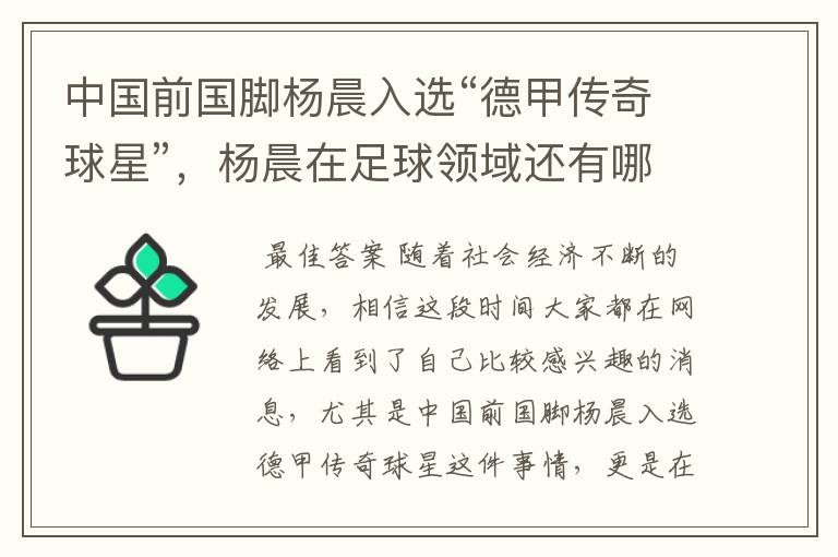 中国前国脚杨晨入选“德甲传奇球星”,杨晨在足球领域还有哪些成就?