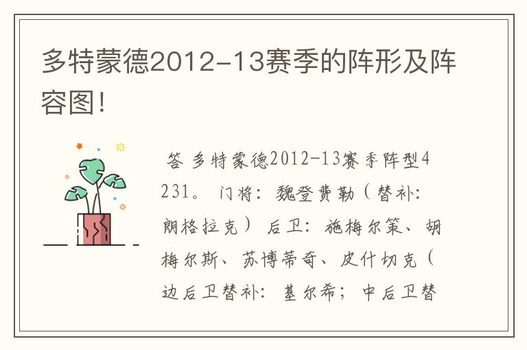 多特蒙德2012-13赛季的阵形及阵容图!
