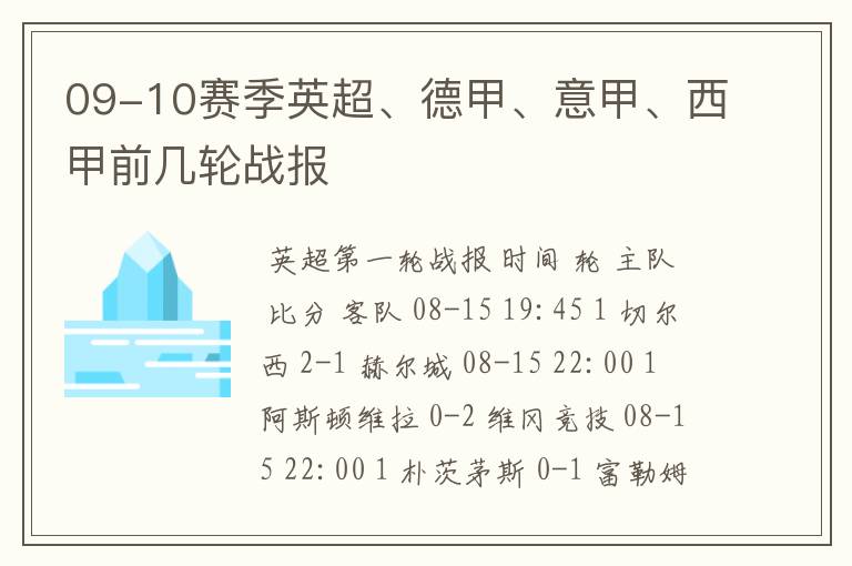 09-10赛季英超、德甲、意甲、西甲前几轮战报