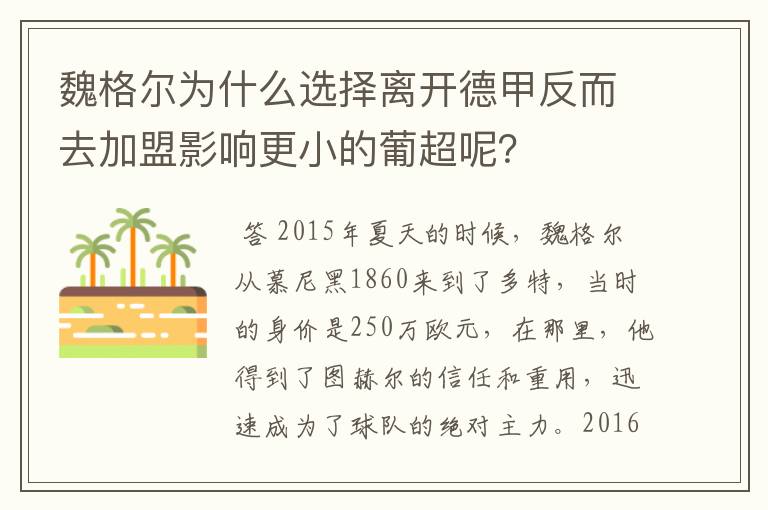 魏格尔为什么选择离开德甲反而去加盟影响更小的葡超呢?