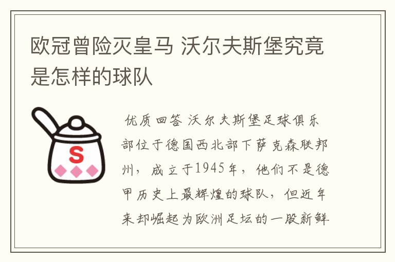 欧冠曾险灭皇马 沃尔夫斯堡究竟是怎样的球队