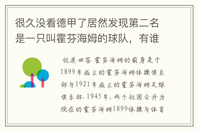 很久没看德甲了居然发现第二名是一只叫霍芬海姆的球队,有谁知道吗