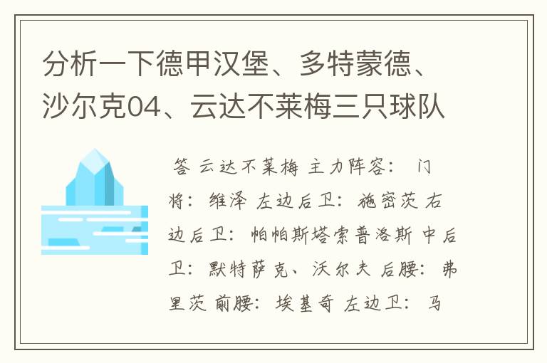 分析一下德甲汉堡、多特蒙德、沙尔克04、云达不莱梅三只球队的人员打法和阵型