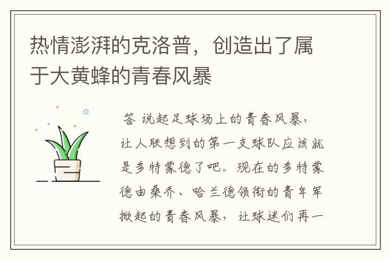 热情澎湃的克洛普,创造出了属于大黄蜂的青春风暴