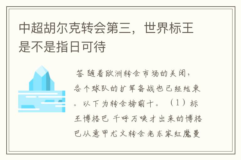 中超胡尔克转会第三,世界标王是不是指日可待