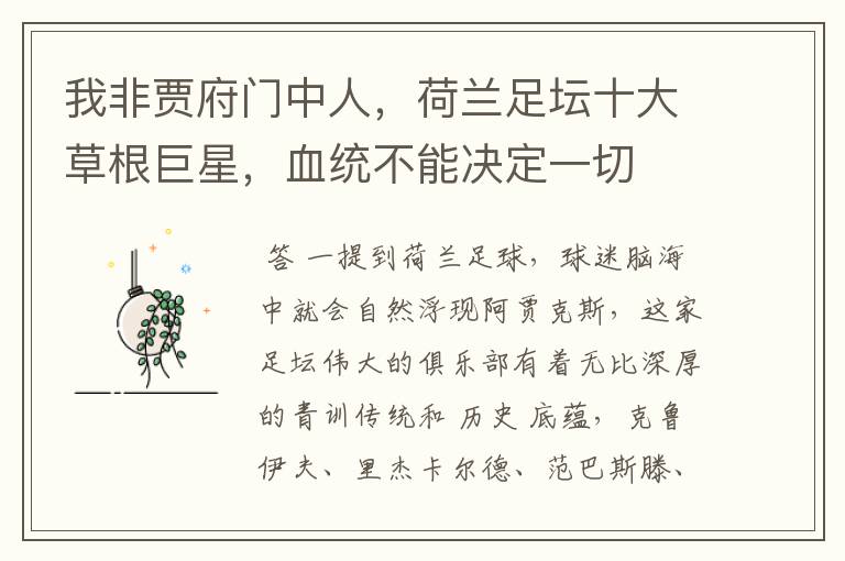 我非贾府门中人，荷兰足坛十大草根巨星，血统不能决定一切