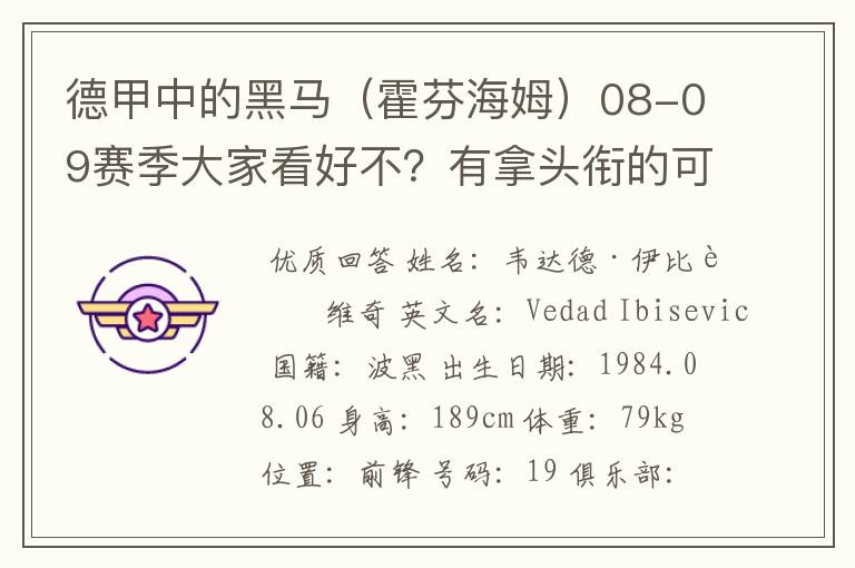 德甲中的黑马(霍芬海姆)08-09赛季大家看好不?有拿头衔的可能吗?