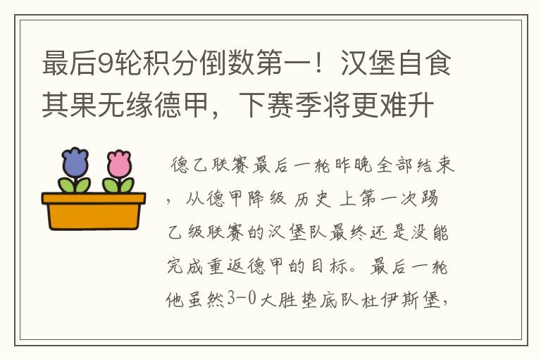 最后9轮积分倒数第一!汉堡自食其果无缘德甲,下赛季将更难升级