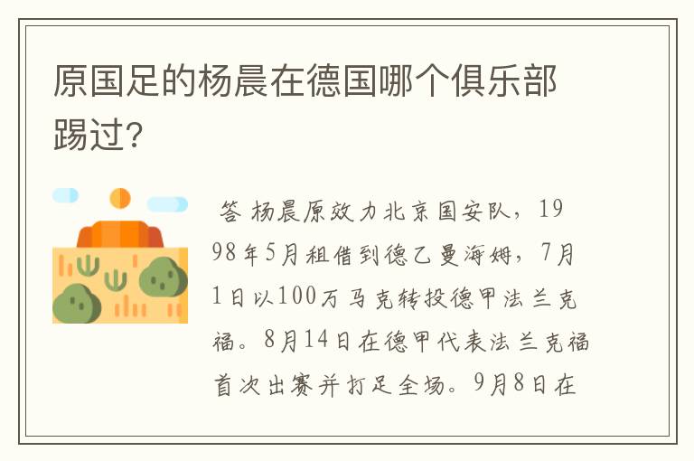 原国足的杨晨在德国哪个俱乐部踢过?