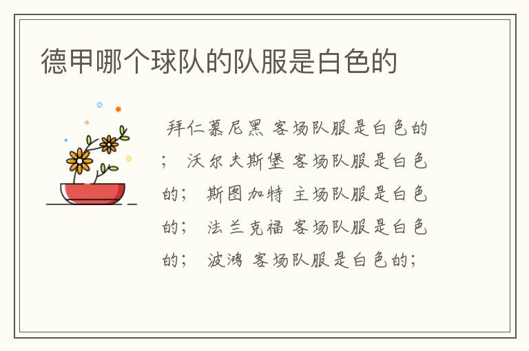 德甲哪个球队的队服是白色的