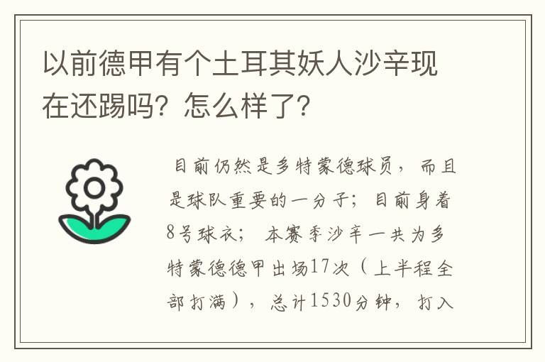 以前德甲有个土耳其妖人沙辛现在还踢吗?怎么样了?