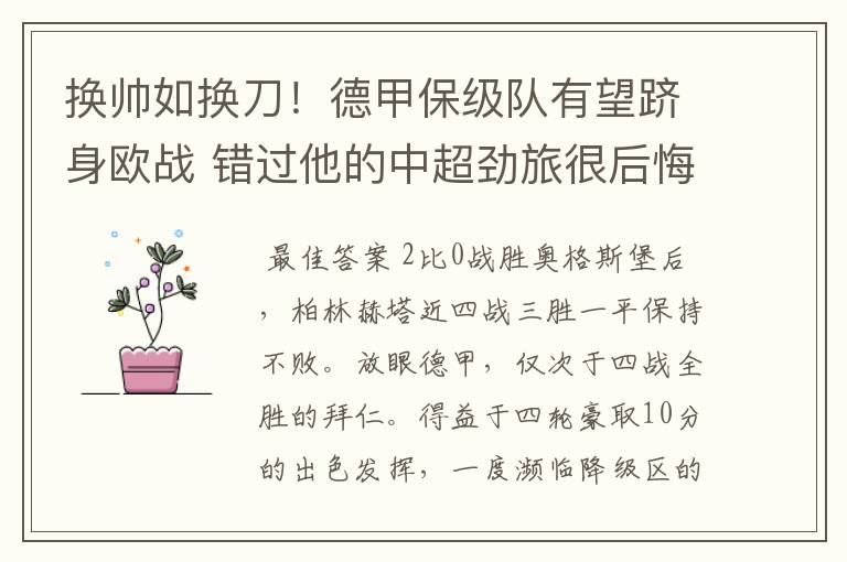 换帅如换刀!德甲保级队有望跻身欧战 错过他的中超劲旅很后悔