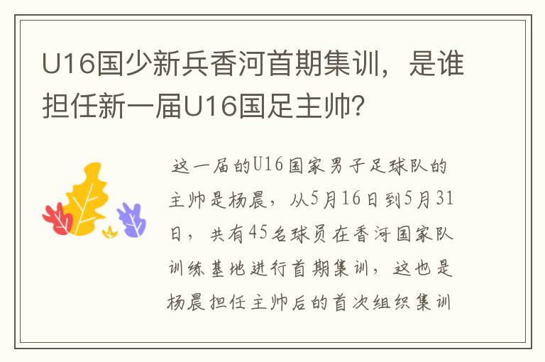U16国少新兵香河首期集训,是谁担任新一届U16国足主帅?