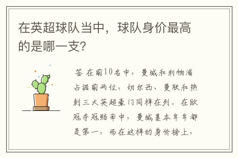 在英超球队当中,球队身价最高的是哪一支?