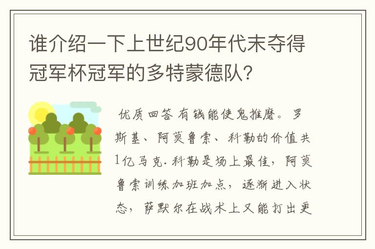 谁介绍一下上世纪90年代末夺得冠军杯冠军的多特蒙德队?