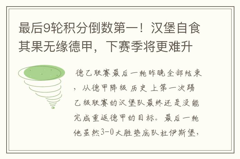 最后9轮积分倒数第一!汉堡自食其果无缘德甲,下赛季将更难升级