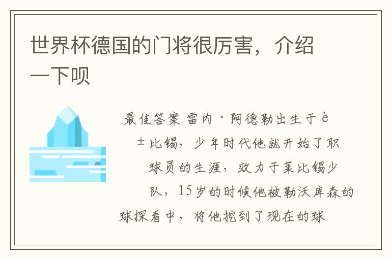 世界杯德国的门将很厉害,介绍一下呗