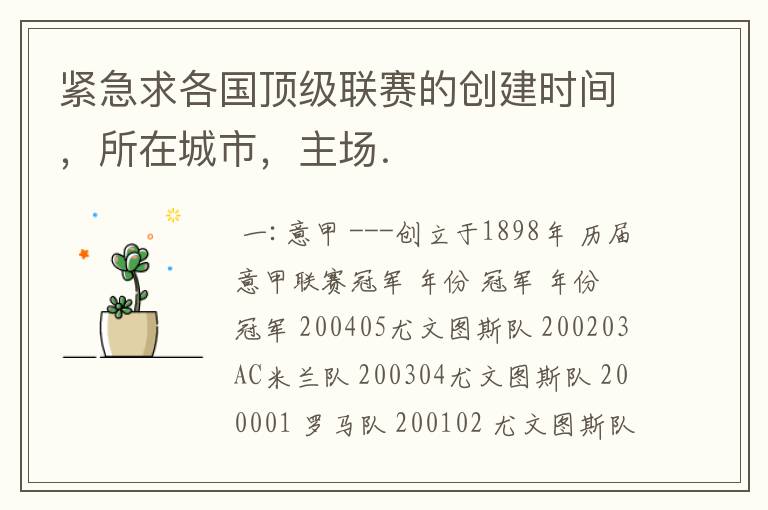 紧急求各国顶级联赛的创建时间,所在城市,主场.