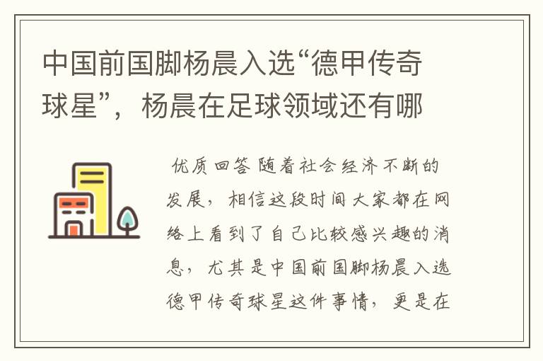 中国前国脚杨晨入选“德甲传奇球星”,杨晨在足球领域还有哪些成就?