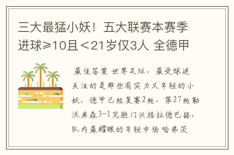 三大最猛小妖!五大联赛本赛季进球≥10且<21岁仅3人 全德甲制造