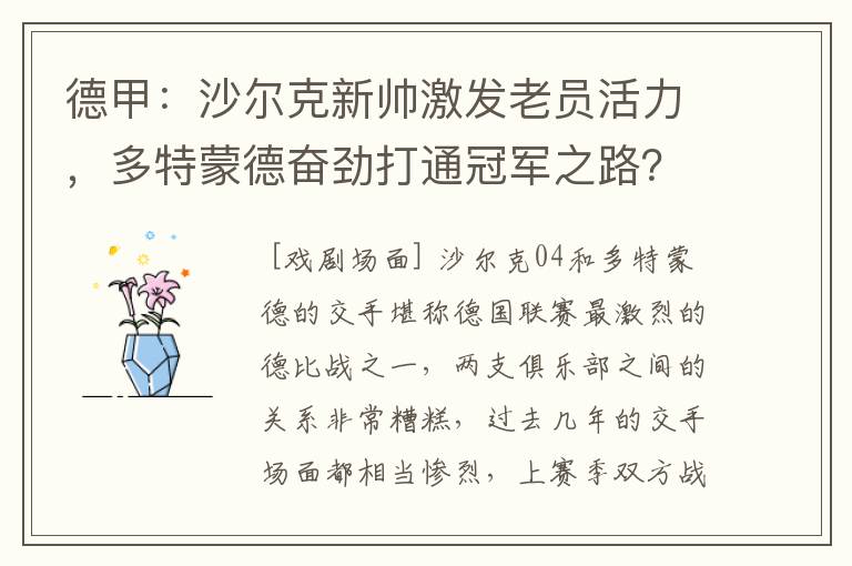 德甲:沙尔克新帅激发老员活力,多特蒙德奋劲打通冠军之路?