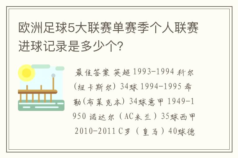 欧洲足球5大联赛单赛季个人联赛进球记录是多少个?