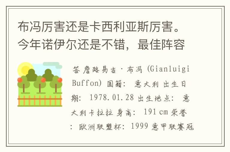 布冯厉害还是卡西利亚斯厉害。今年诺伊尔还是不错,最佳阵容诺伊尔进了,唯一一个门将