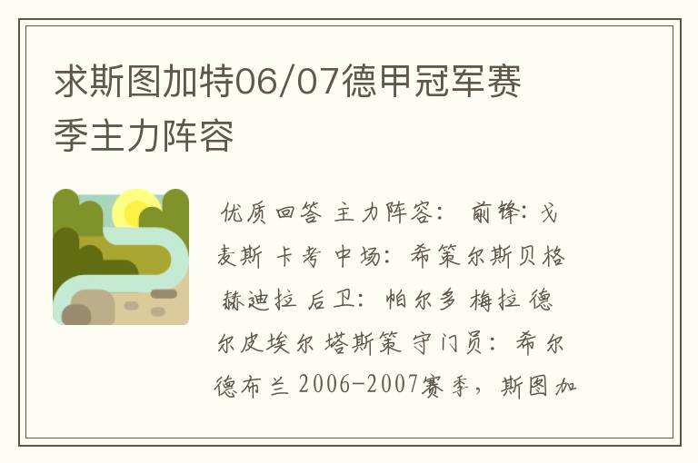 求斯图加特06/07德甲冠军赛季主力阵容