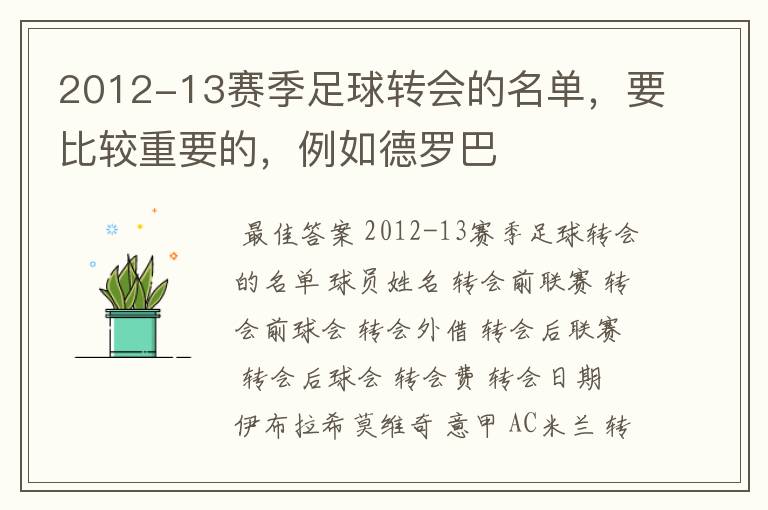 2012-13赛季足球转会的名单,要比较重要的,例如德罗巴