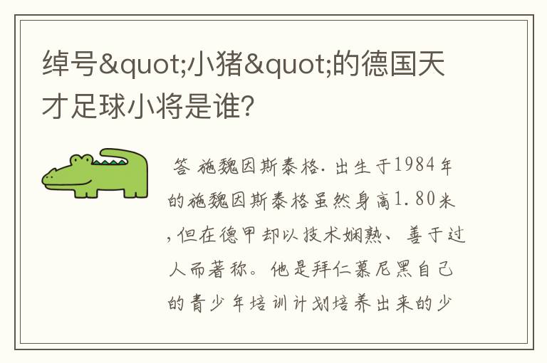 绰号"小猪"的德国天才足球小将是谁?
