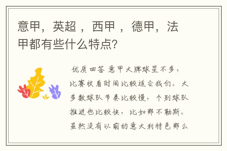意甲,英超 ,西甲 ,德甲,法甲都有些什么特点?