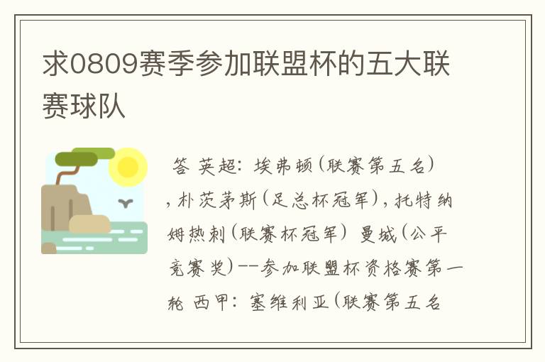求0809赛季参加联盟杯的五大联赛球队
