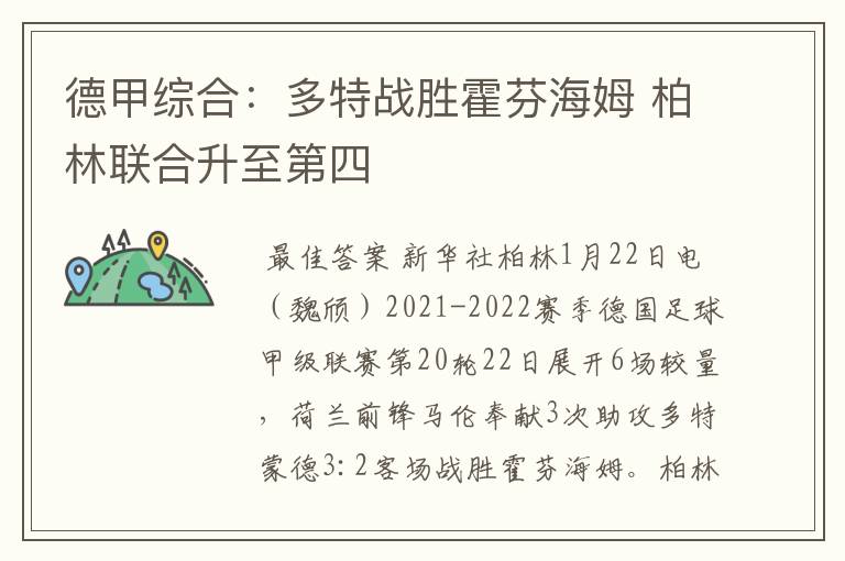 德甲综合:多特战胜霍芬海姆 柏林联合升至第四