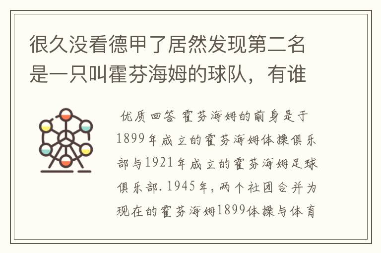 很久没看德甲了居然发现第二名是一只叫霍芬海姆的球队,有谁知道吗