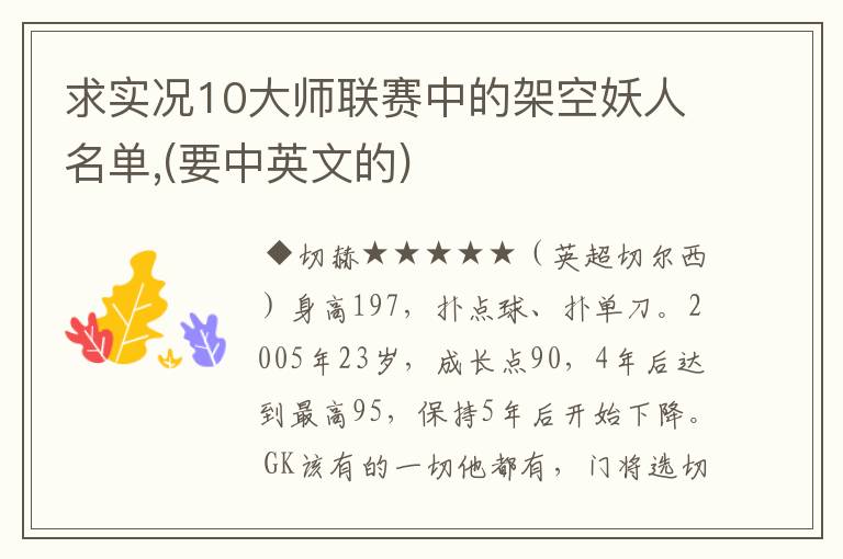 求实况10大师联赛中的架空妖人名单,(要中英文的)
