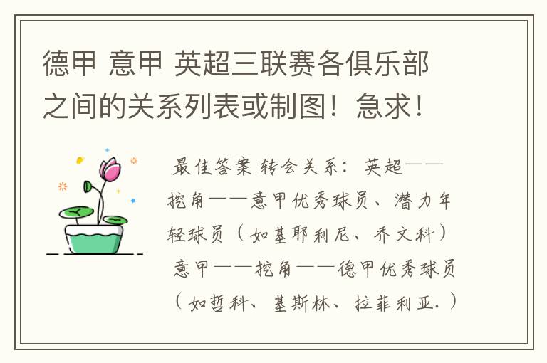 德甲 意甲 英超三联赛各俱乐部之间的关系列表或制图!急求!