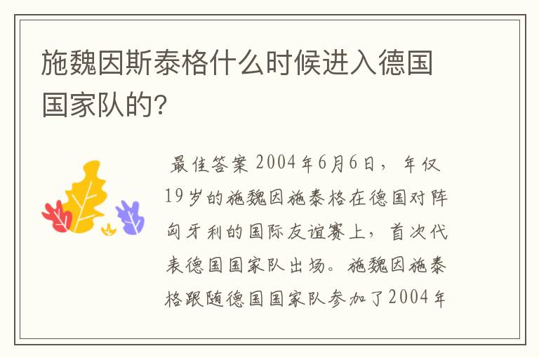 施魏因斯泰格什么时候进入德国国家队的?