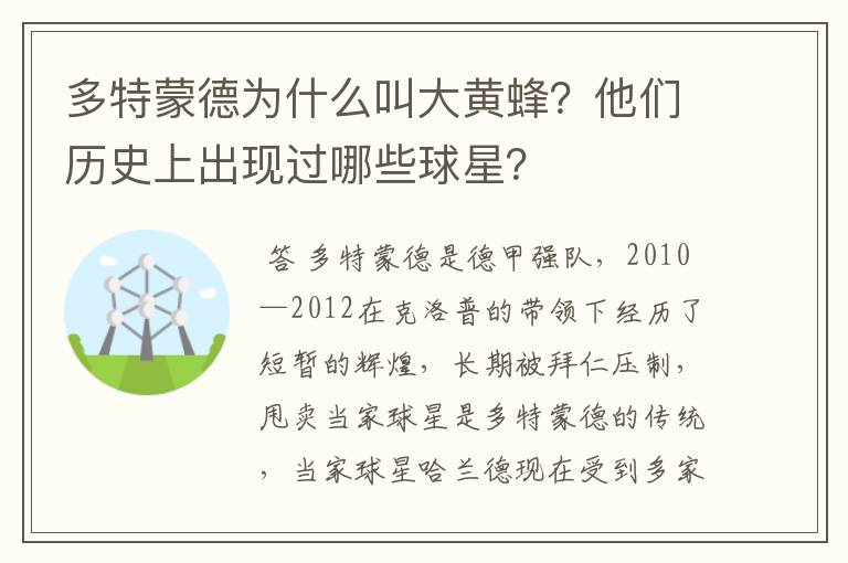 多特蒙德为什么叫大黄蜂?他们历史上出现过哪些球星?